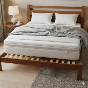 A Florida king mattress correctly positioned on a compatible bed frame, demonstrating a complete bedroom setup.
