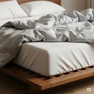 A close-up shot of a full extra long mattress on a sleek, low-profile platform bed.