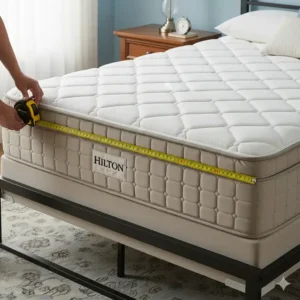 A person using a tape measure to confirm the exact hilton mattress dimensions and weight, emphasizing accurate measurements.