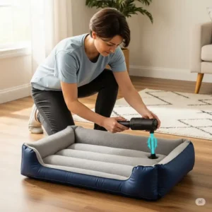 A person is using a small, battery-operated pump to quickly inflate a dog air mattress, highlighting the ease of setup and convenience of the product.