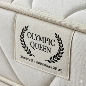 A clear label showing the olympic queen mattress size on a mattress.

