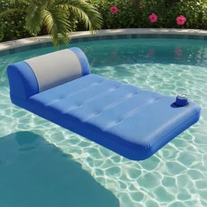 A comfortable pool floating mattress with an integrated headrest for optimal relaxation.