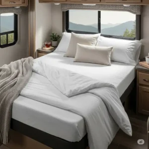 A made-up bed in an RV with a clean 72x80 rv king mattress and fresh sheets, showing a cozy, inviting look.

