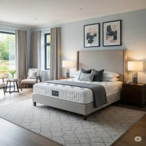 A super king mattress fitting perfectly into a large master bedroom, showing how the scale of the bed complements a spacious room design.