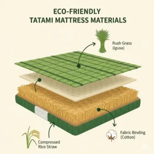 An infographic highlighting the natural, eco-friendly materials like rush grass used to make a japanese tatami mattress.