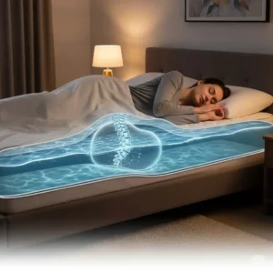 An illustration highlighting the excellent lumbar support provided by a water bed mattress, conforming perfectly to the sleeper's body shape.
