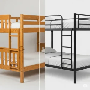 Comparison graphic of bunk beds with mattress, showing a classic wooden frame and a sleek metal frame, both designed to hold standard twin mattresses.