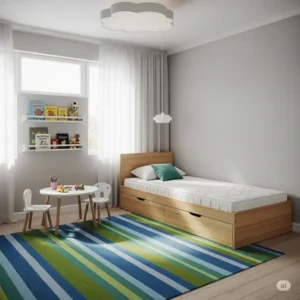 A bright, modern child's bedroom with a 3 4 mattress on a simple platform bed, a great space-saving solution.