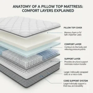 An infographic detailing the various comfort layers inside a california king pillow top mattress and their functions.