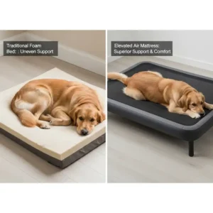 A side-by-side comparison shows a dog on a traditional foam bed and another on an elevated dog air mattress, demonstrating the superior support and comfort of the air-filled option.