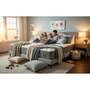 A wide-angle view of a cozy, family-friendly bedroom centered around the impressive size of a family XL mattress, decorated with soft pillows and blankets.