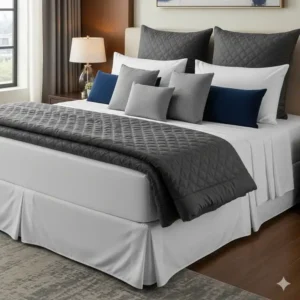 Bedding and accessories, including sheets and a comforter, made to fit a Florida king mattress perfectly.