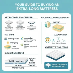 An infographic showing key factors to consider when buying a full extra long mattress, including firmness and material.