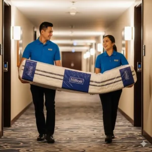 Two people carrying a wrapped hilton mattress dimensions and weight, illustrating its manageable size and delivery process.