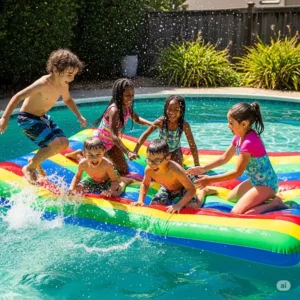 A group of happy children playing and splashing on a large, colorful floating water mattress in a backyard pool.