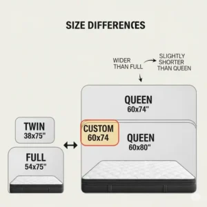 A size comparison chart highlighting a 60 x 74 mattress against other common sizes like a standard queen and full-size mattress.