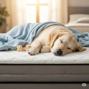  A cute dog sleeping soundly on a durable and comfortable 66x80 mattress.