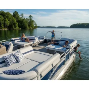 An outdoor shot of a pontoon boat with cushions or a boat mattress used as a sunpad, showcasing versatile uses of marine mattresses.