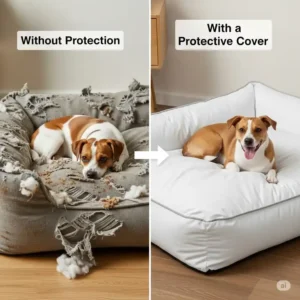 an image demonstrating how a protective dog mattress cover extends the life of a pet's bed