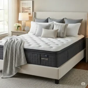 A beautifully styled bed with luxurious bedding, emphasizing the impressive scale and visual impact of the standard simmons king mattress dimensions.