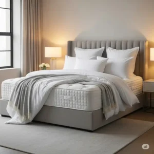 A beautifully styled super king mattress with crisp white bedding and pillows, demonstrating its aesthetic appeal and how it can be a centerpiece of a luxury bedroom.