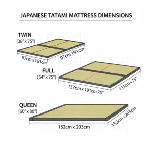 A diagram illustrating the different standard dimensions and sizes available for a japanese tatami mattress, including twin, full, and queen.