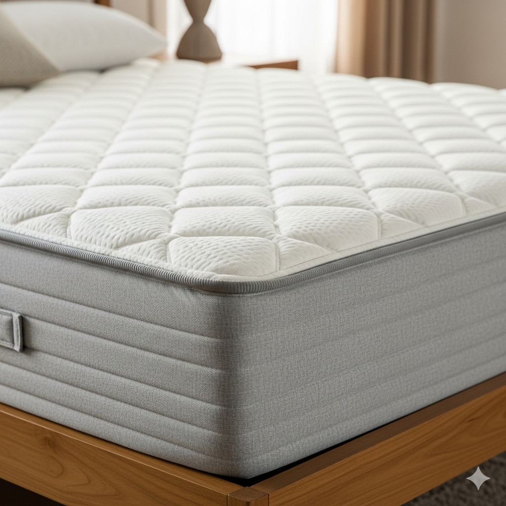 A close-up shot of a queen-size 54x75 mattress on a bed frame, showcasing the comfortable quilted top and firm edge support.