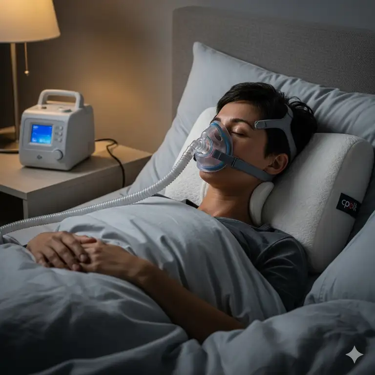 A back sleeper with a CPAP machine rests comfortably on a supportive pillow, highlighting the best pillow for back sleepers with sleep apnea.