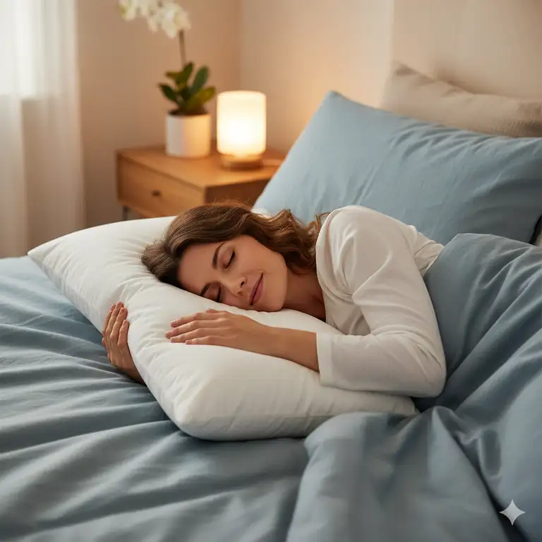 A person peacefully sleeping on their side with a supportive pillow, illustrating the best pillow for combination sleepers.