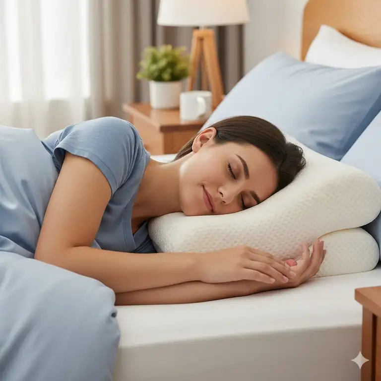 A side sleeper with a supportive pillow, demonstrating good neck and shoulder alignment, for the best pillow for side sleepers with shoulder pain.