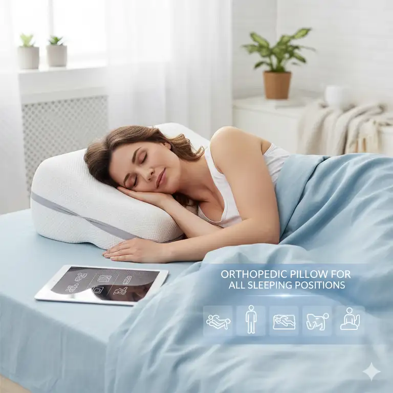 A person peacefully sleeping on a supportive orthopedic pillow for all sleeping positions, including back, side, and stomach.