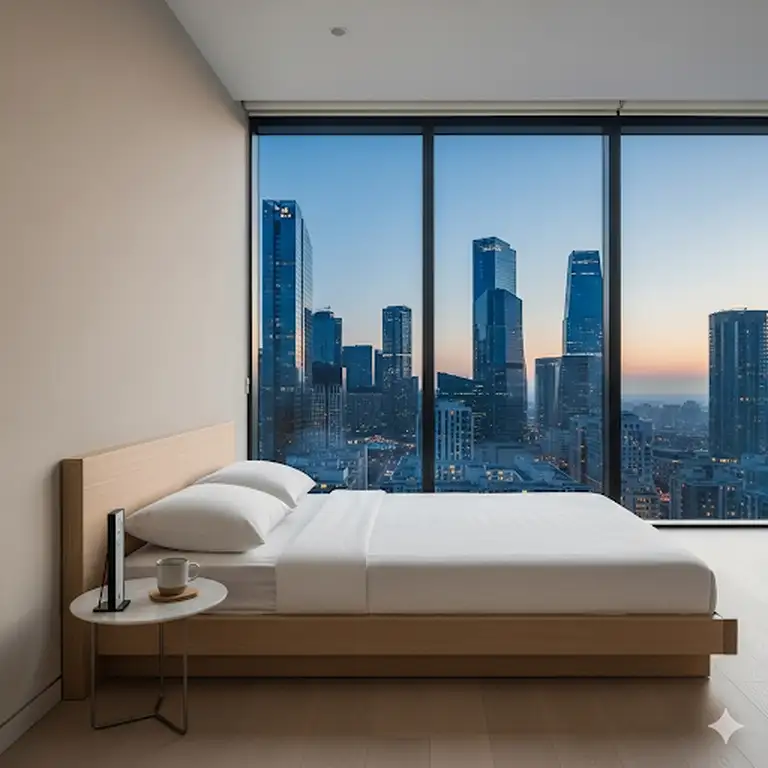 "A minimalist bedroom with a short king mattress on a platform bed and a view of the city."