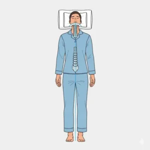An illustration showing the proper spinal alignment of a person sleeping on their back with a pillow that offers adequate neck support. 