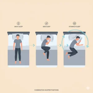 Diagram showing a combination sleeper naturally transitioning through back, side, and stomach sleep positions on a comfortable best pillow for combination sleepers. 