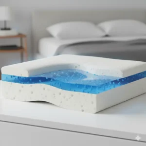 Cross-section view of a cooling gel memory foam pillow, highlighting the visible blue gel layer designed for enhanced heat dissipation