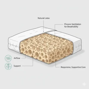 Diagram illustrating the breathable pincore structure of a natural best latex pillow for side sleepers, highlighting its responsive and supportive qualities. 