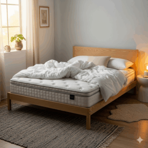 A queen-size 54x75 mattress placed on a minimalist wooden bed frame in a cozy bedroom setting, highlighting its full size.