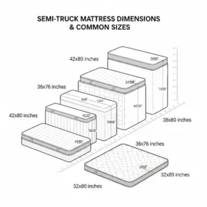 Diagram showing various semi truck mattress dimensions and common sizes like 42x80 and 36x76 inches. 