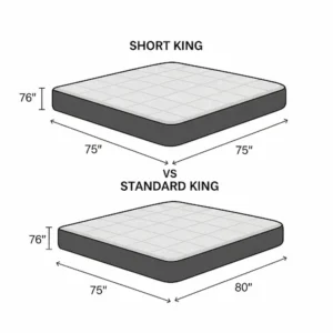"A diagram showing the dimensions of a short king mattress compared to a standard king mattress."