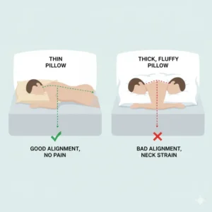 A visual comparison showing a thin pillow recommended for stomach sleepers next to a thick, fluffy pillow that would cause a neck to bend at an uncomfortable angle.
