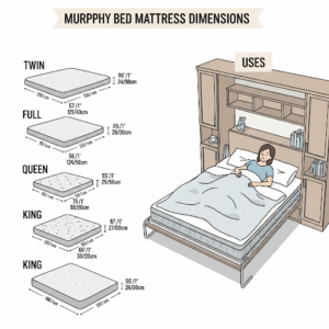 Illustration of a murphy bed mattress in use, showing how it fits when the bed is lowered, highlighting its practical murphy bed mattress dimensions.