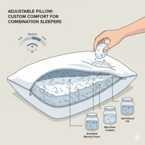 Cutaway illustration of an adjustable pillow with customizable fill levels, ideal for finding the best pillow for combination sleepers. 