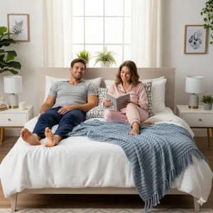 "A couple relaxing comfortably on a short king mattress, highlighting its extra legroom for taller individuals."
