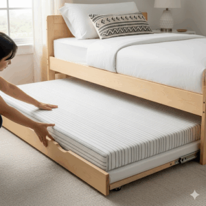 An image of a trundle bed showing a thin, low-profile mattress being easily slid into the pull-out drawer, highlighting the importance of choosing a specific trundle bed mattress size.