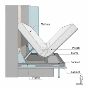 Technical illustration of a Murphy bed's folding mechanism and the mattress, focusing on key components that affect murphy bed mattress dimensions and fit.