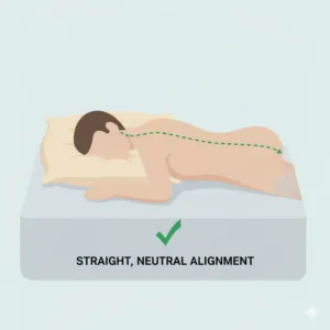 An anatomical illustration of a stomach sleeper's head and neck on a proper pillow, showing the spine in a straight, neutral alignment to prevent pain.