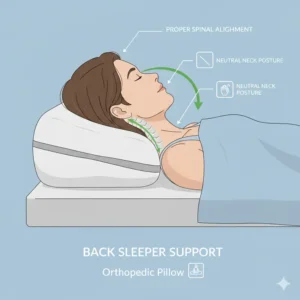 An illustration of a back sleeper using an orthopedic pillow for all sleeping positions to maintain proper spinal alignment.