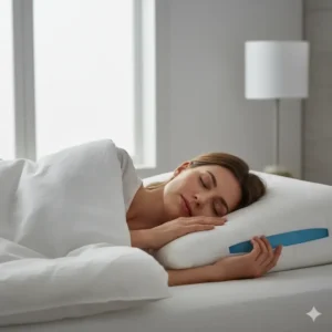 "A person sleeping peacefully on a cooling gel memory foam pillow, demonstrating optimal head and neck alignment for a restful night." 