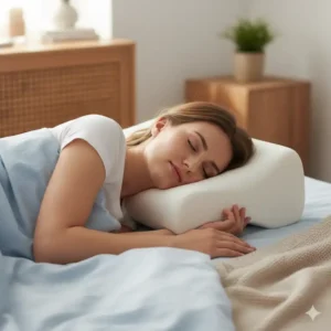 Individual sleeping soundly on a contoured best memory foam pillow for neck pain. 