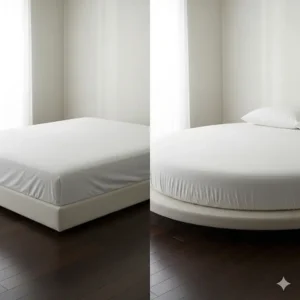 A side-by-side comparison of a standard rectangular mattress and a round mattress, highlighting the unique shape and aesthetic appeal of the circular design. 